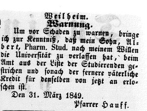 Studentenleben 1849 in Tübingen: Wenn der Vater sich ärgert und sogar öffentlich über die Zeitung den Kredit aufkündigt, sieht es schlecht aus für den Sohn. 